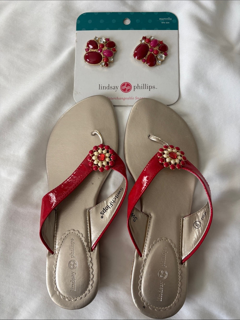 Size 9 Lindsay Phillips Red Patent Sandals with Jewel Clips